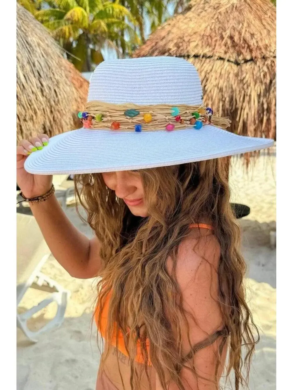Gloria Colorful Bead Trim Wide Brim Hat